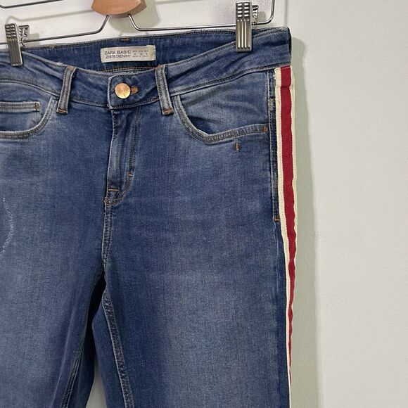 Zara Basic Distressed Jeans 8 Raw Cuff Cropped Red Tuxedo Stripe Stretch Skinny - Picture 4 of 10
